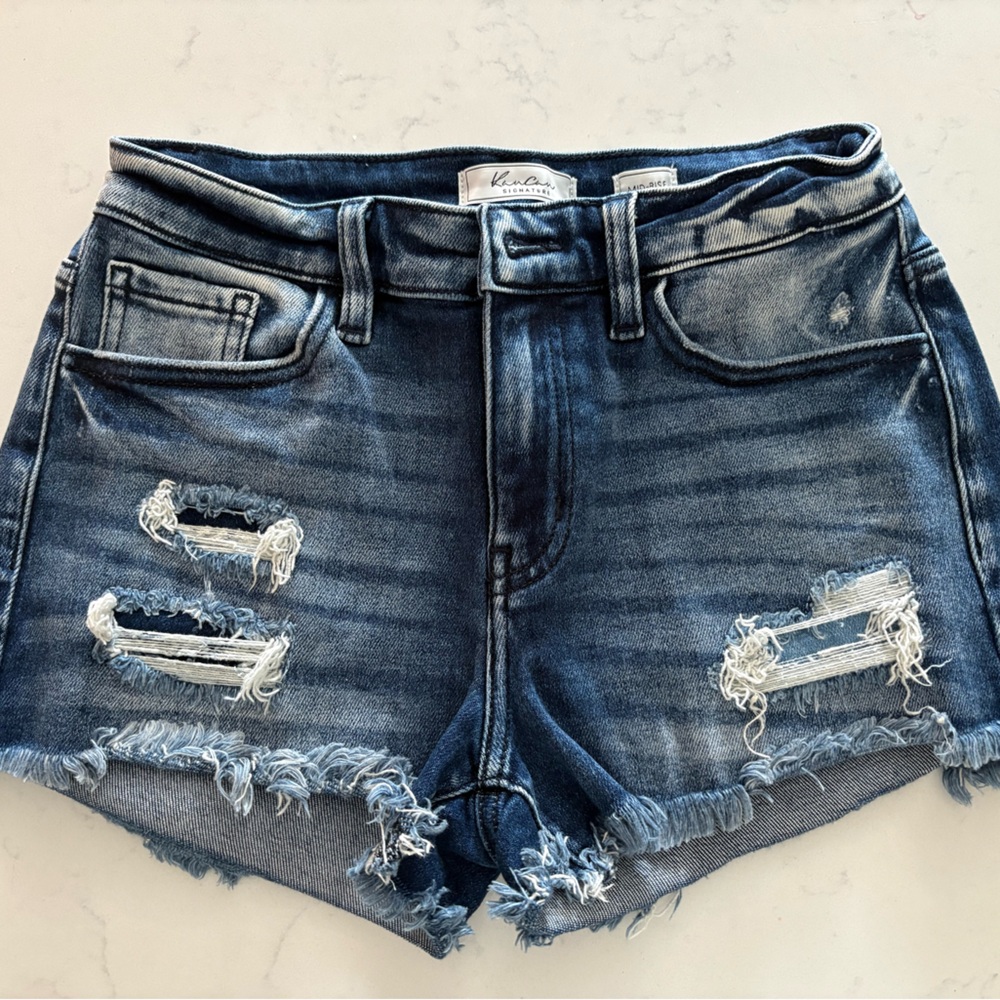 KanCan Washed Dark Blue Distressed Denim Shorts